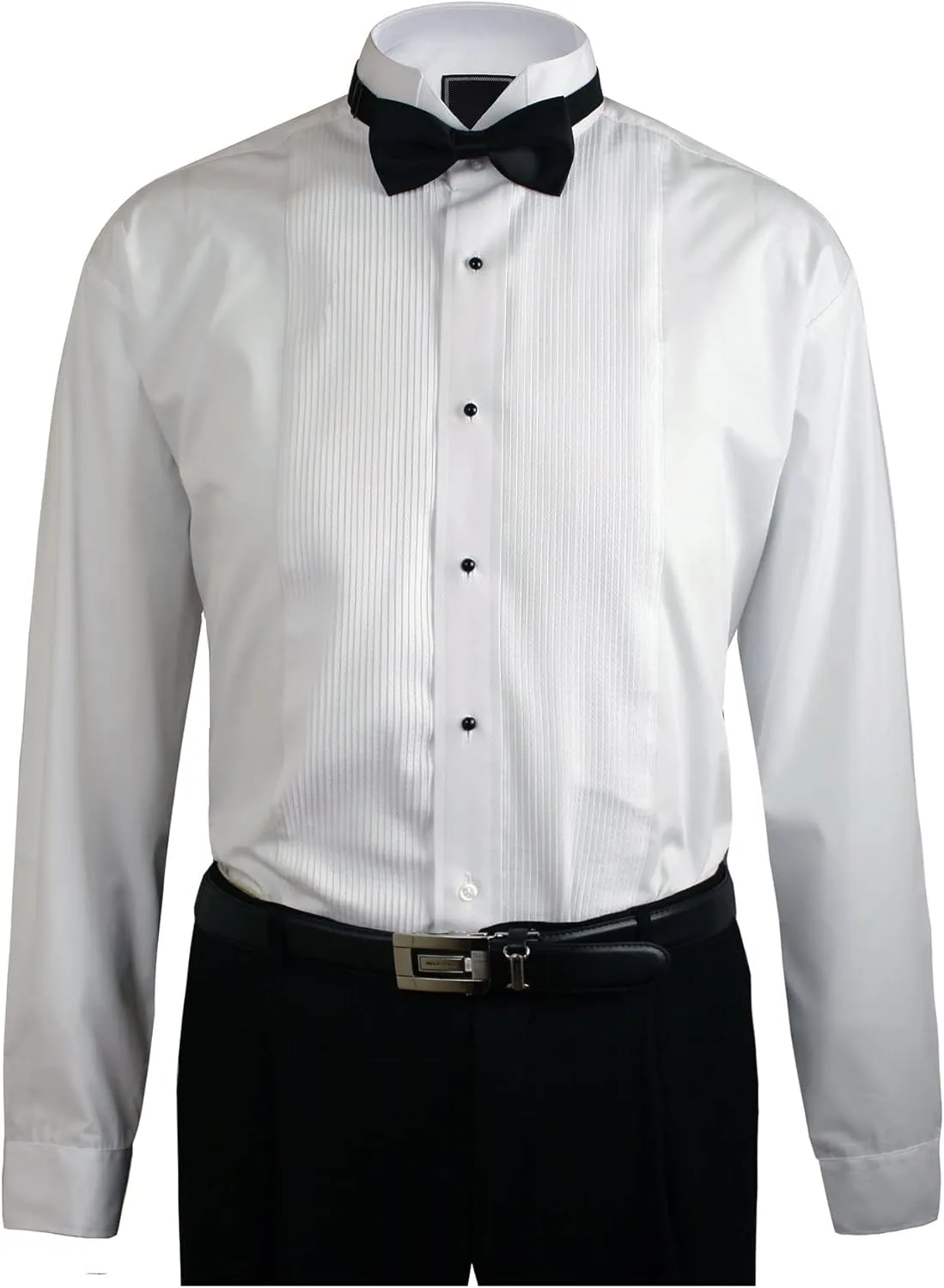 Mens Wing Collar Tuxedo Shirt with Bowtie, 1/8" Pleat & Convertible Cuffs