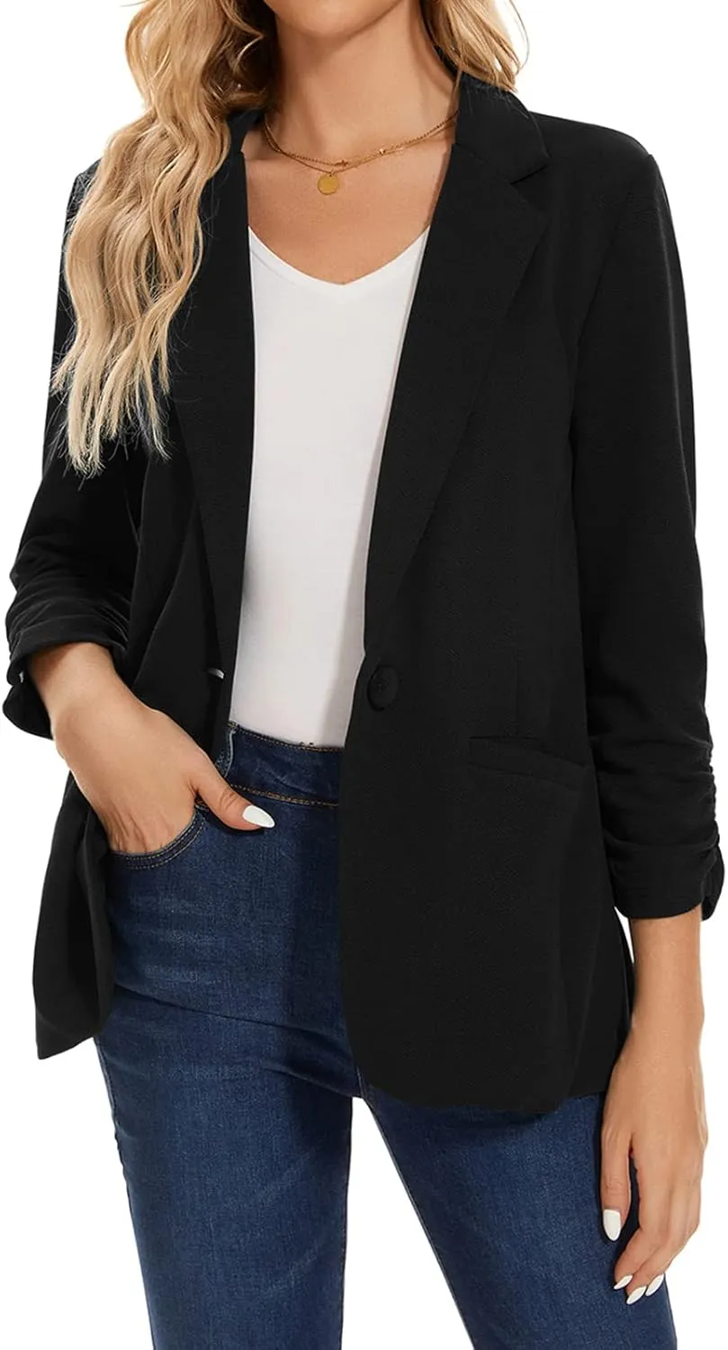 MINTLIMIT Women's Casual Blazer 3/4 Ruched Sleeve Open Front Button Work Office Blazer Jackets with Pockets