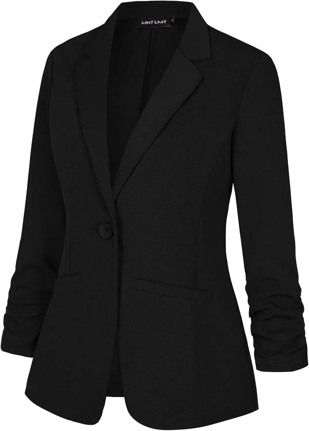 MINTLIMIT Women's Casual Blazer 3/4 Ruched Sleeve Open Front Button Work Office Blazer Jackets with Pockets