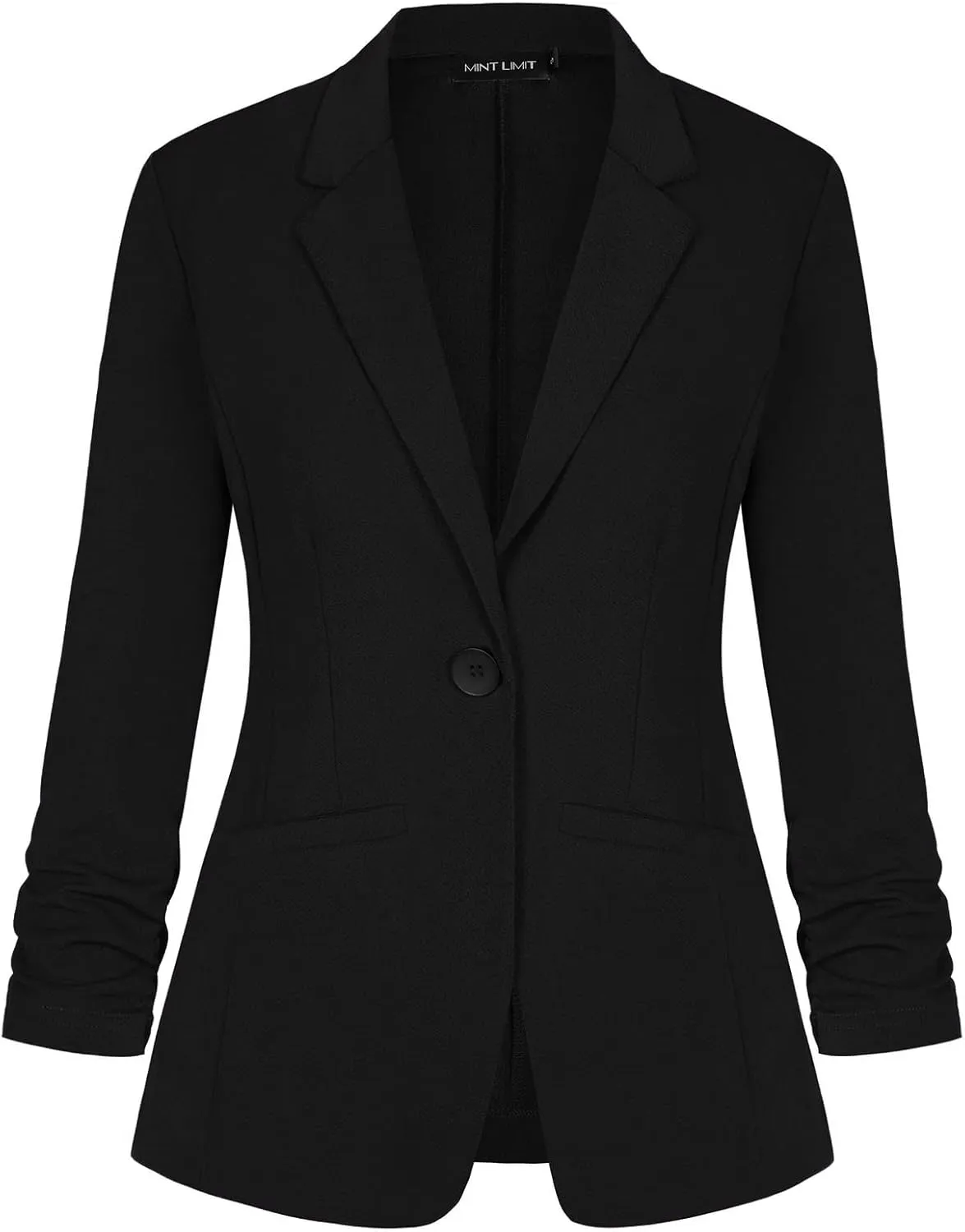 MINTLIMIT Women's Casual Blazer 3/4 Ruched Sleeve Open Front Button Work Office Blazer Jackets with Pockets