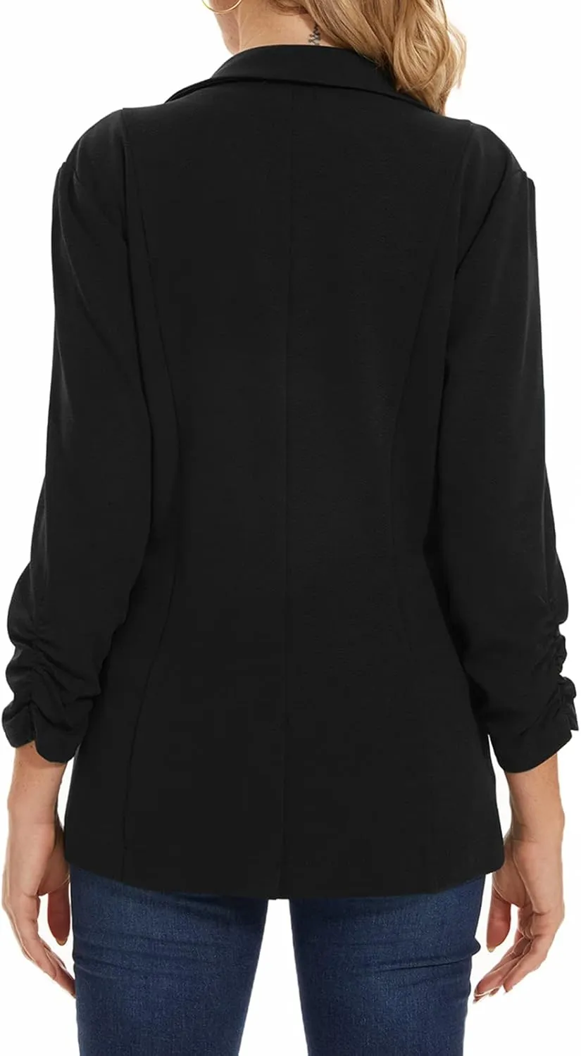 MINTLIMIT Women's Casual Blazer 3/4 Ruched Sleeve Open Front Button Work Office Blazer Jackets with Pockets