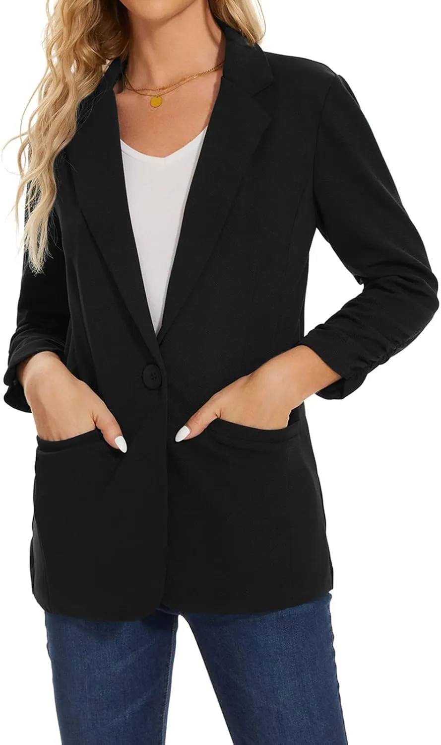 MINTLIMIT Women's Casual Blazer 3/4 Ruched Sleeve Open Front Button Work Office Blazer Jackets with Pockets