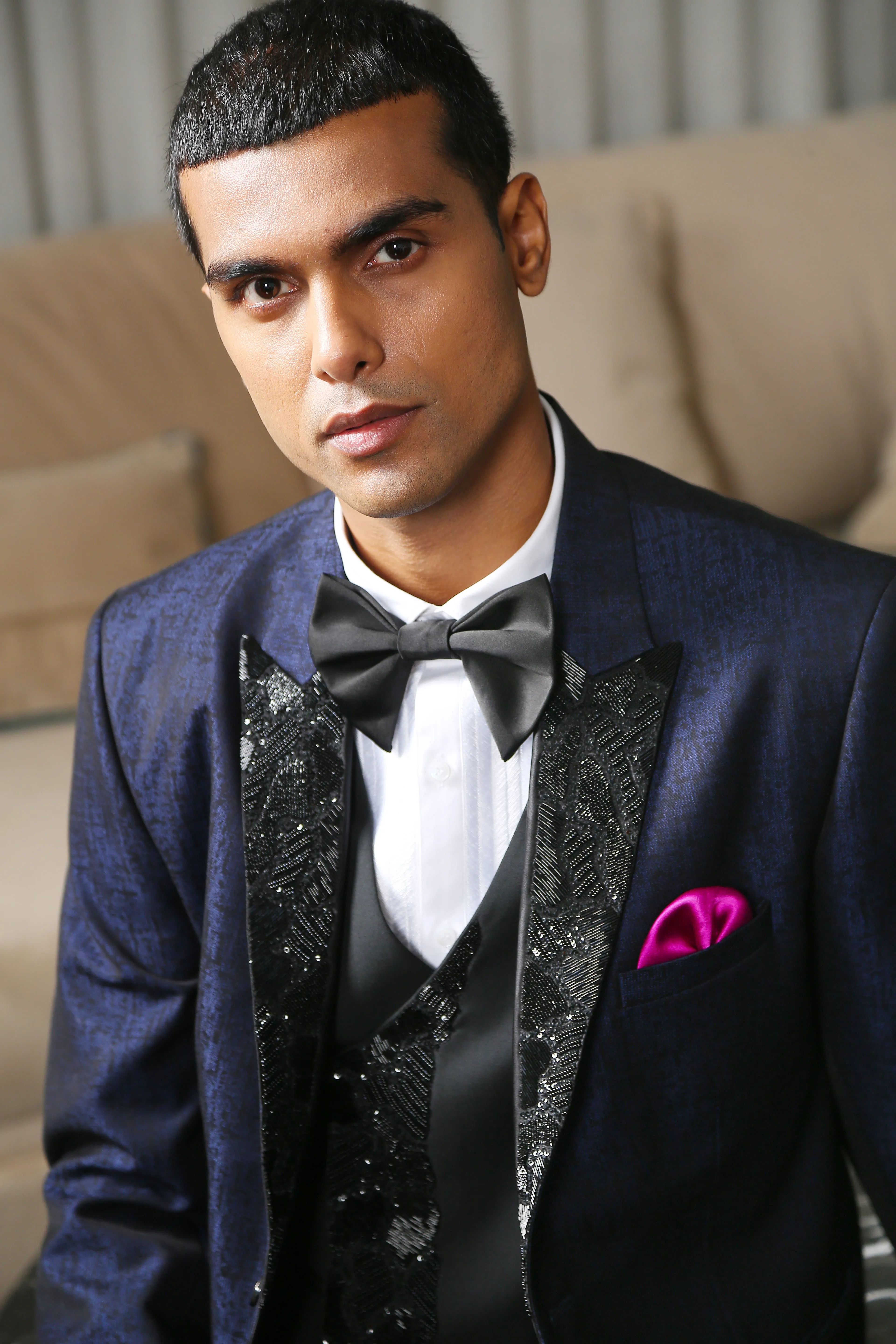 Navy Blue Jacquard Designer Suit with Embroidery