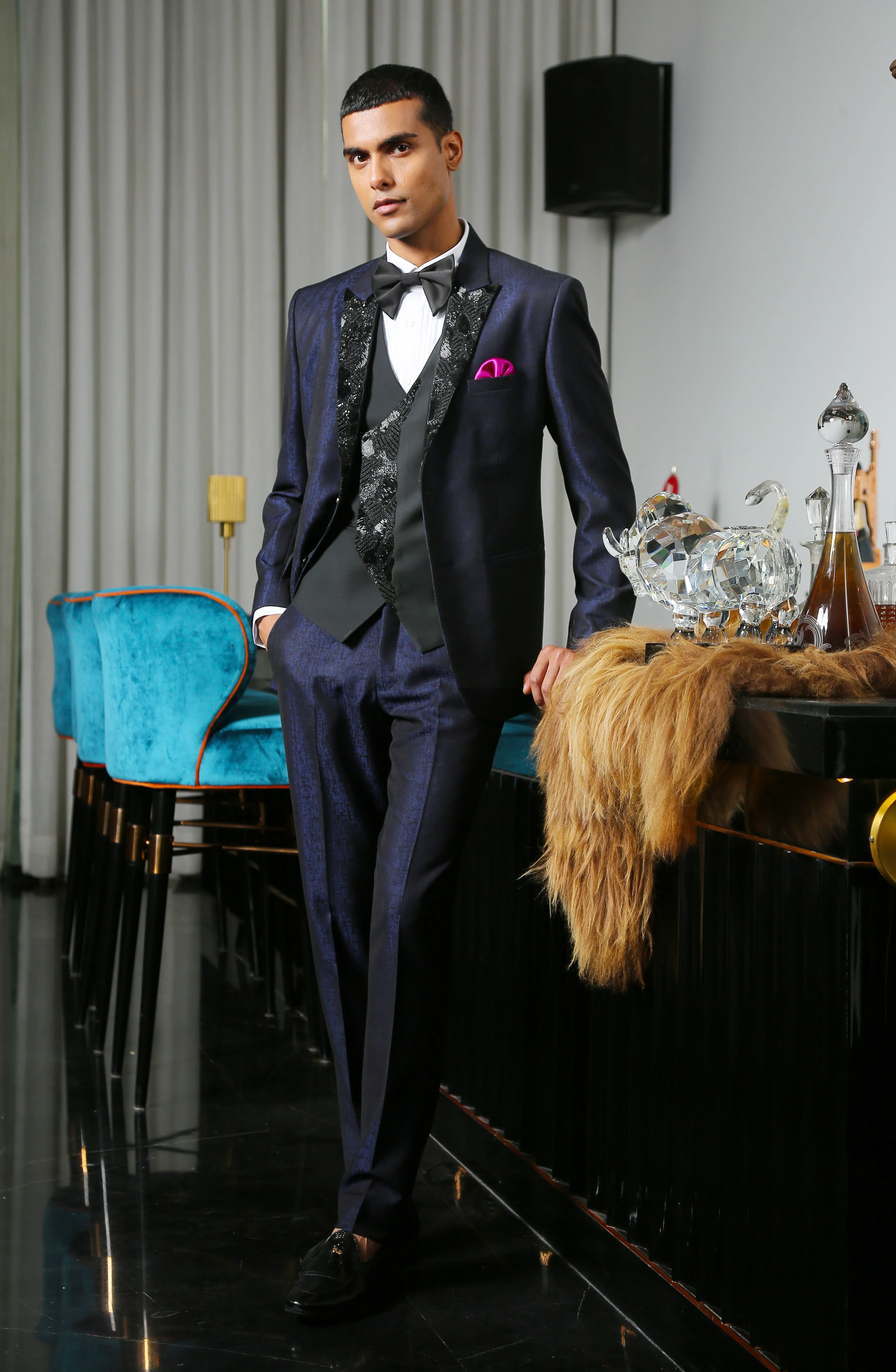 Navy Blue Jacquard Designer Suit with Embroidery