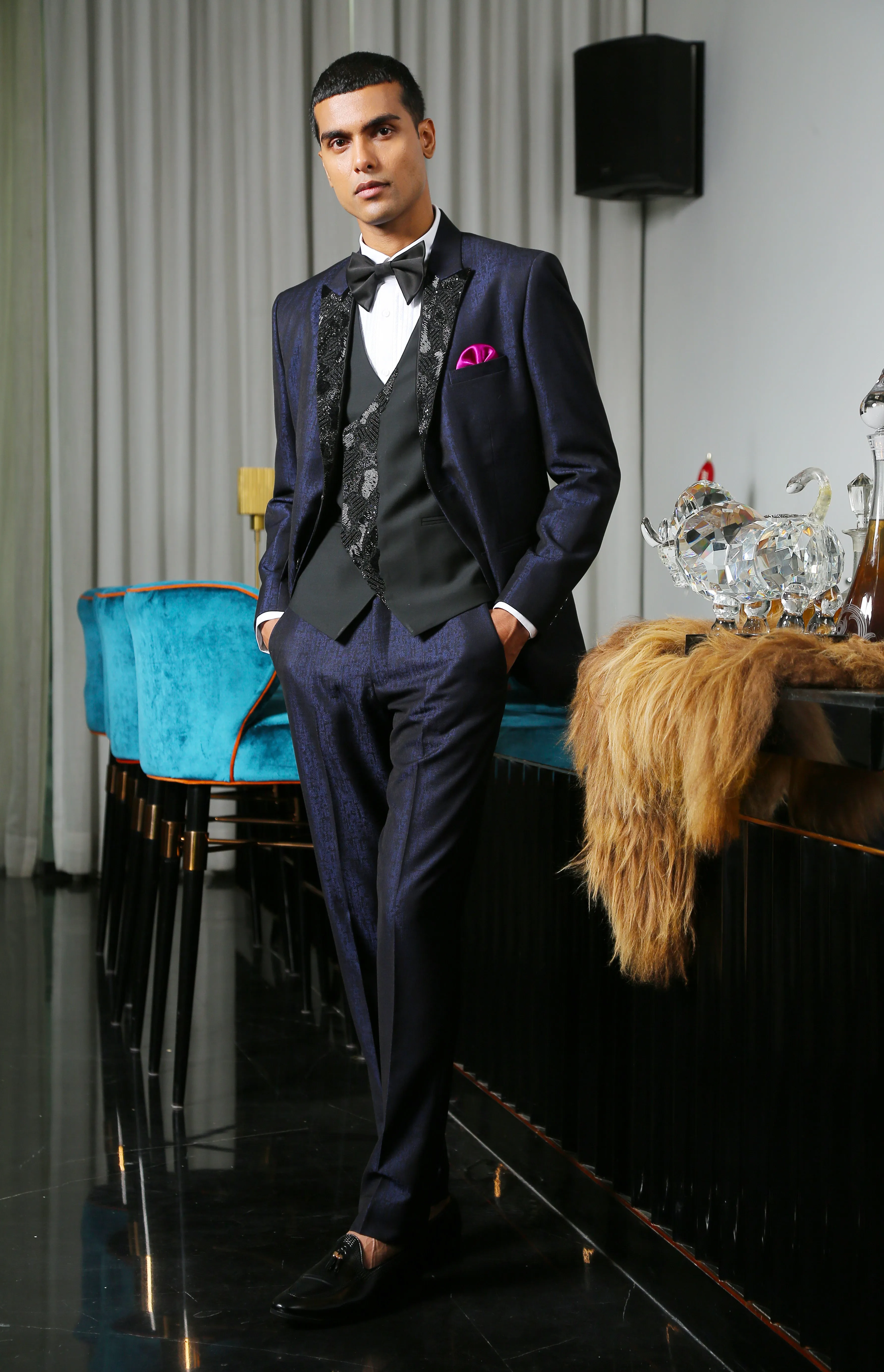Navy Blue Jacquard Designer Suit with Embroidery