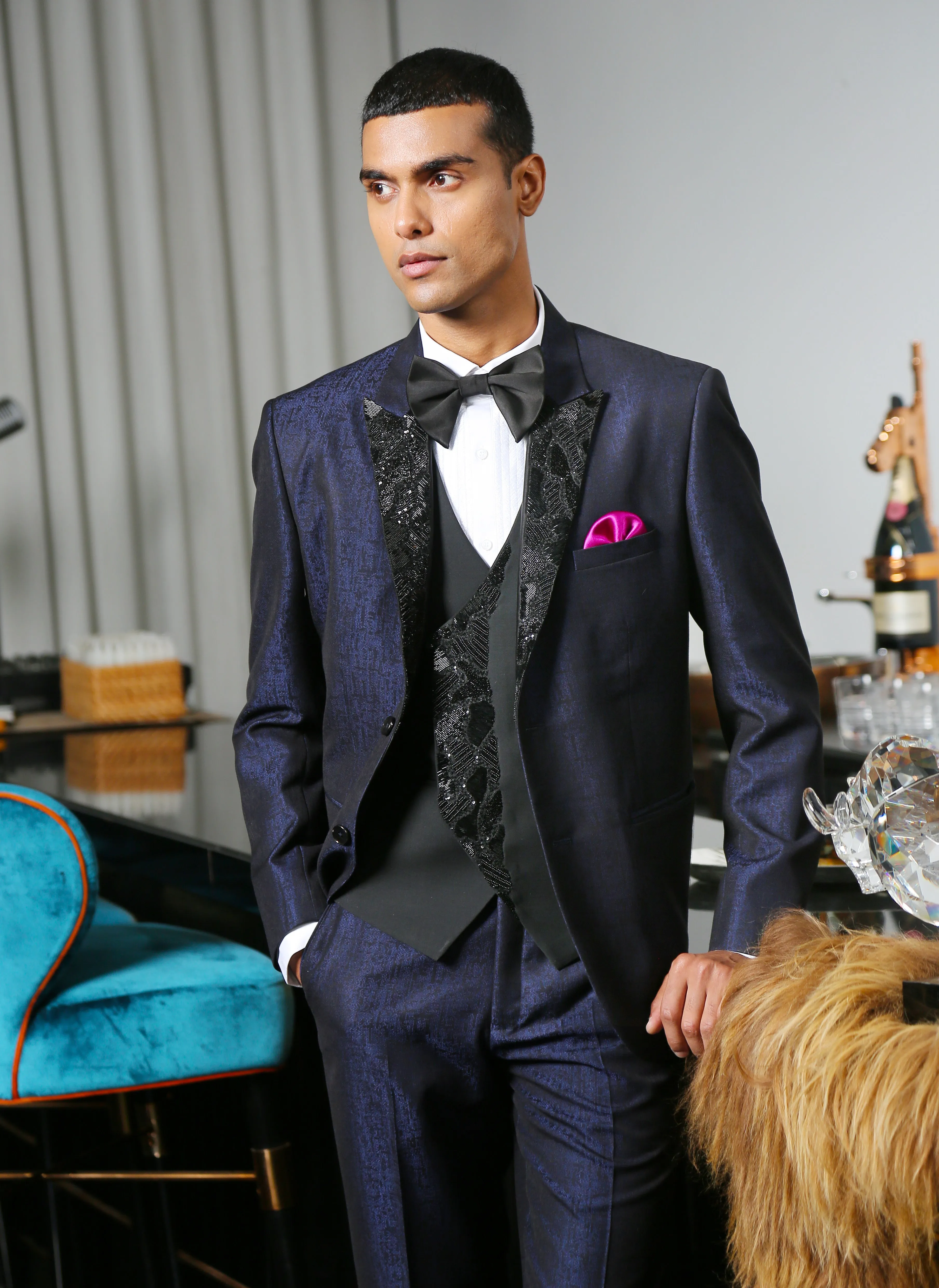 Navy Blue Jacquard Designer Suit with Embroidery
