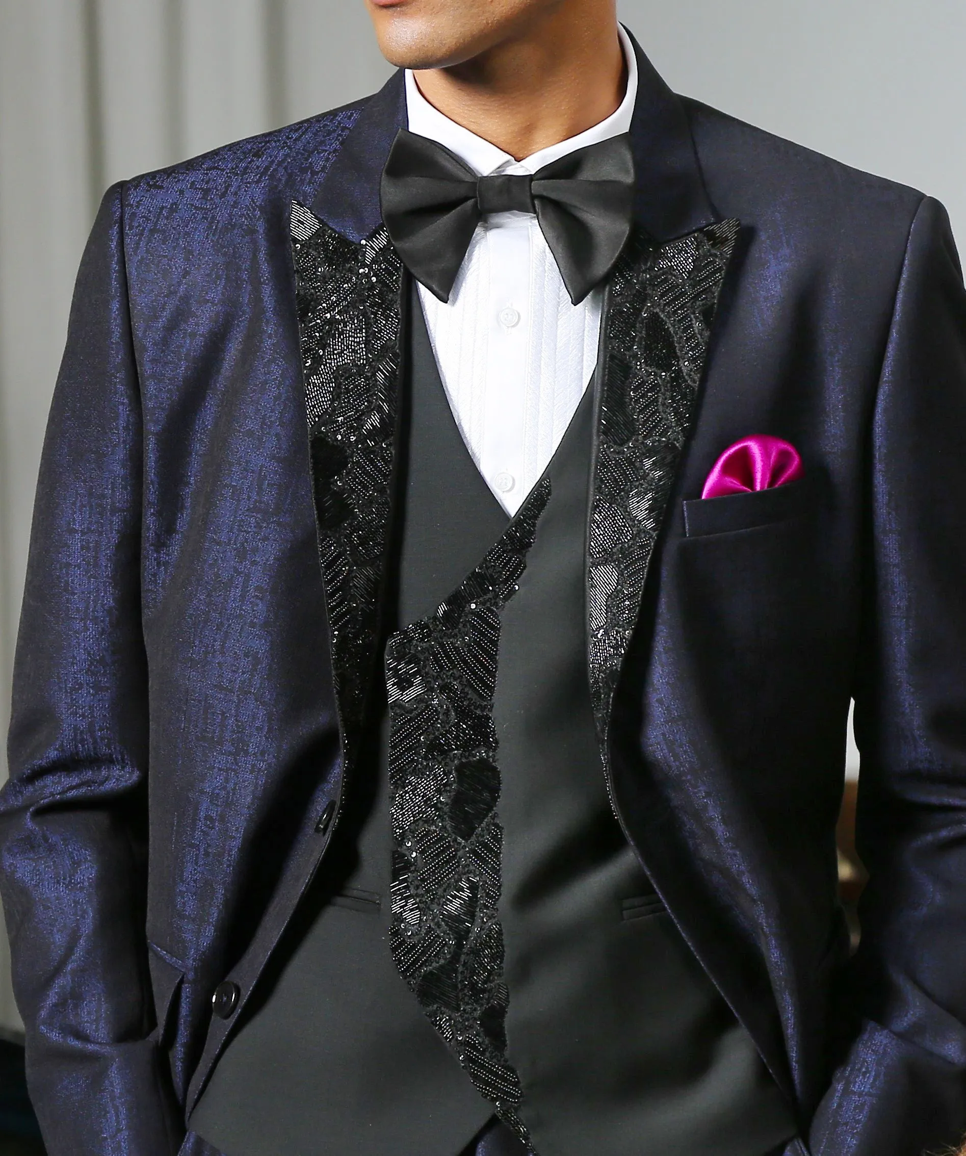 Navy Blue Jacquard Designer Suit with Embroidery