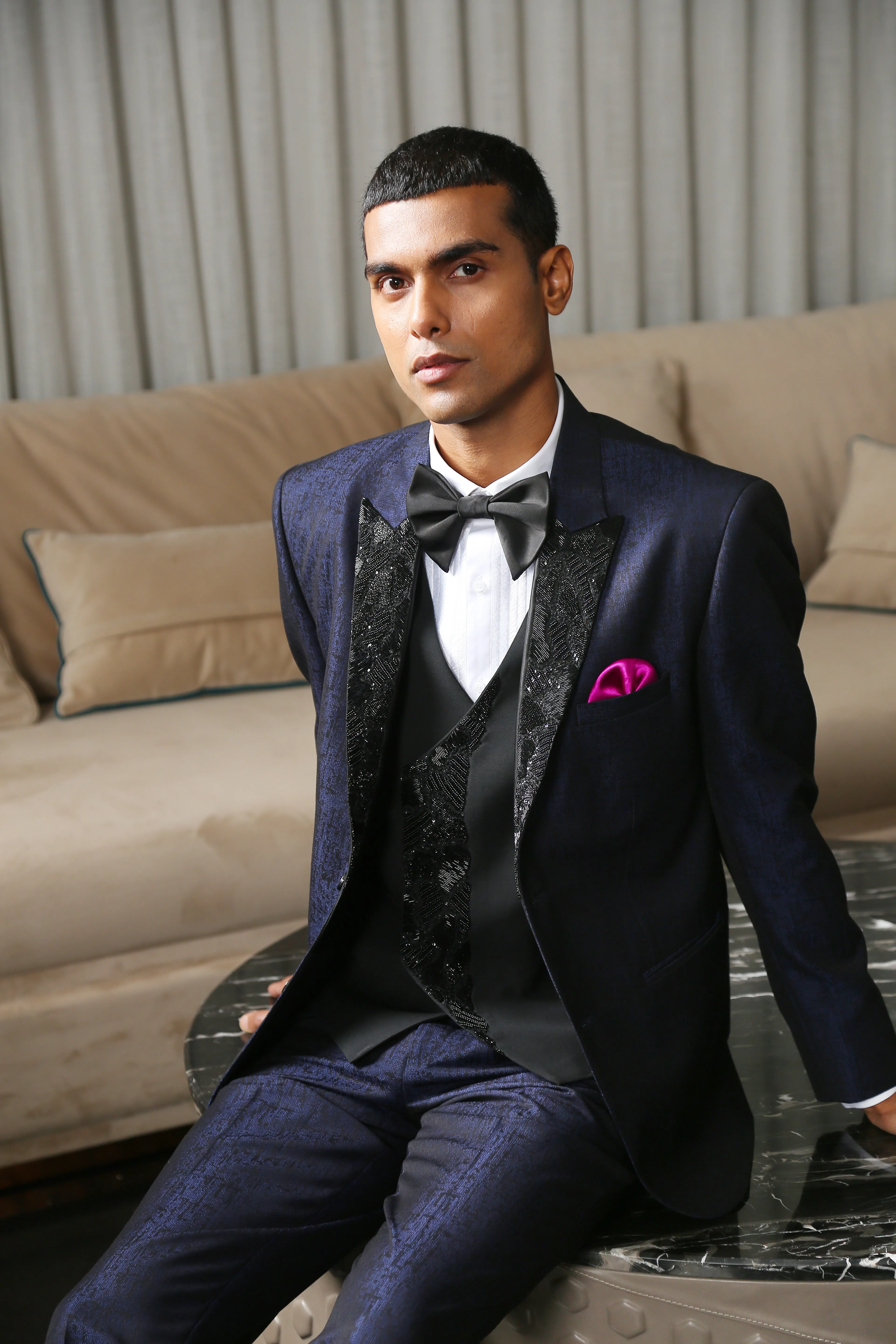 Navy Blue Jacquard Designer Suit with Embroidery