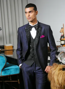 Navy Blue Jacquard Designer Suit with Embroidery
