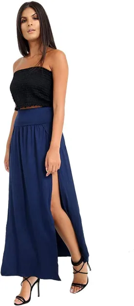 OgLuxe Womens Double Split Maxi Long Skirt Ladies Plain Basic Two Side Slit 4-22