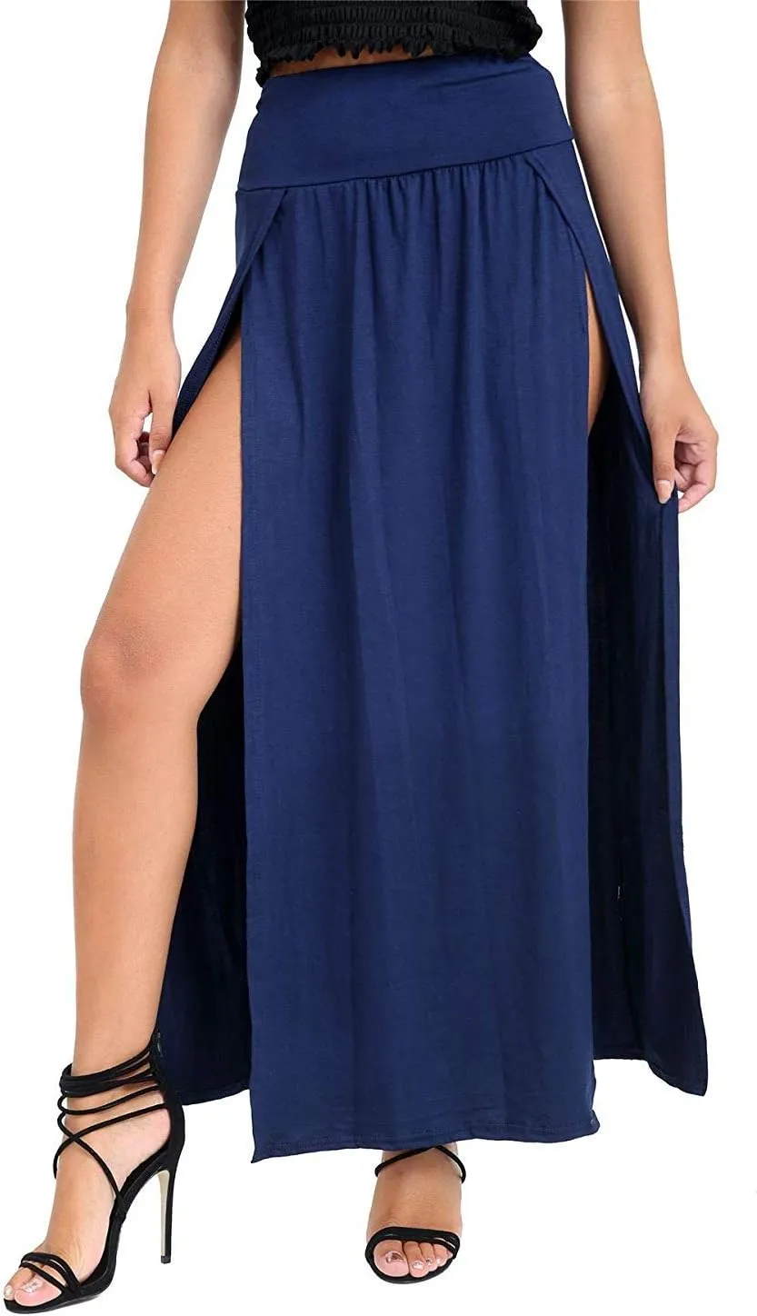 OgLuxe Womens Double Split Maxi Long Skirt Ladies Plain Basic Two Side Slit 4-22