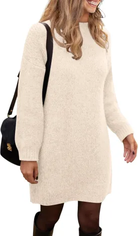 PRETTYGARDEN Women's 2025 Fall Knit Pullover Sweaters Long Sleeve Crewneck Oversized Loose Short Sweater Dress