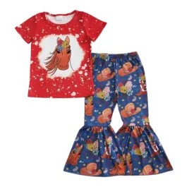 Red Floral Horse Western Bell Bottom Outfit Kids Girl