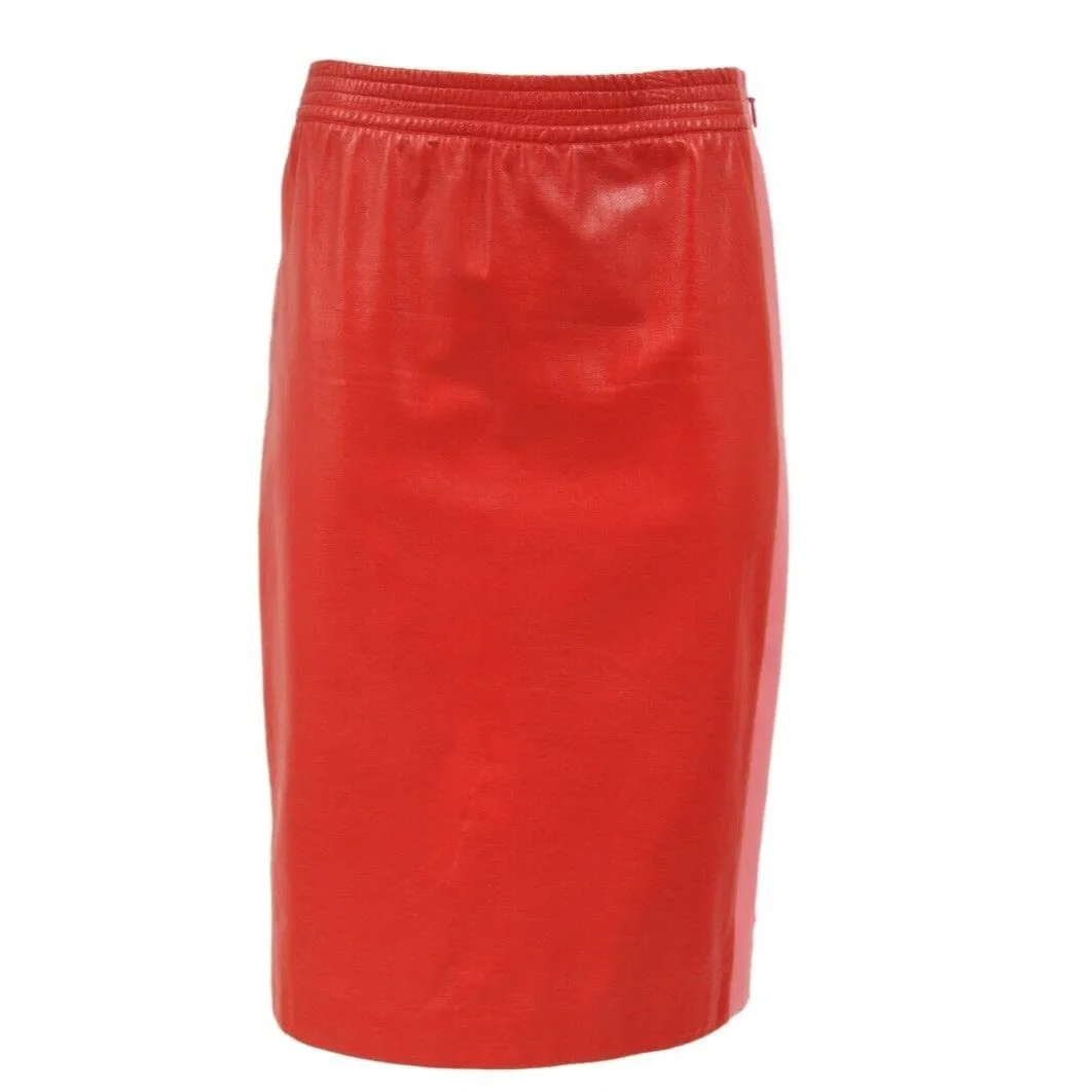 Red Pink Leather Midi Side Striped Pencil Skirt