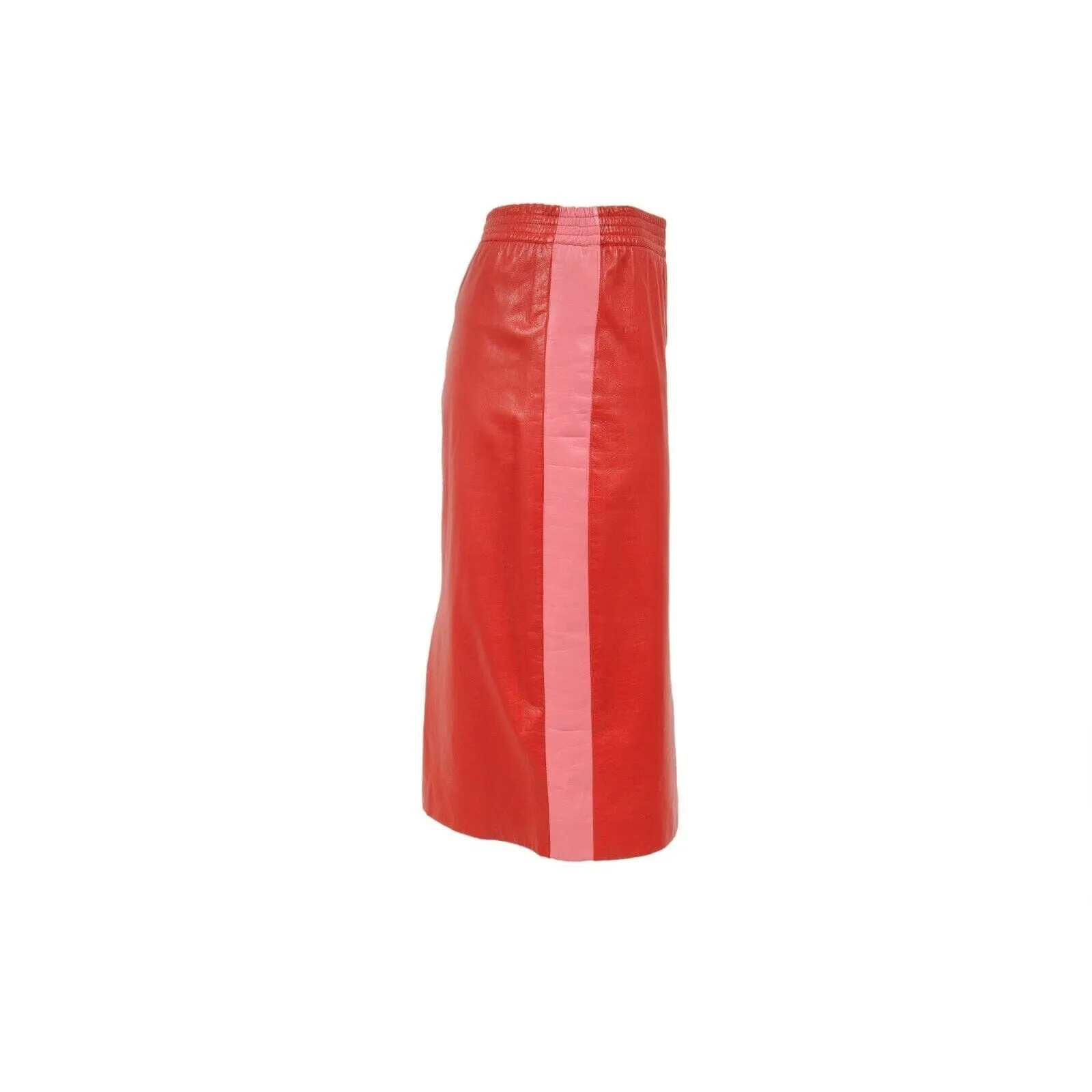 Red Pink Leather Midi Side Striped Pencil Skirt