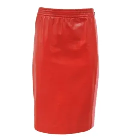 Red Pink Leather Midi Side Striped Pencil Skirt