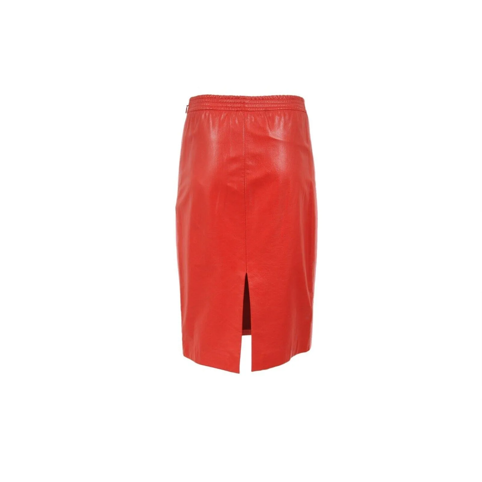 Red Pink Leather Midi Side Striped Pencil Skirt
