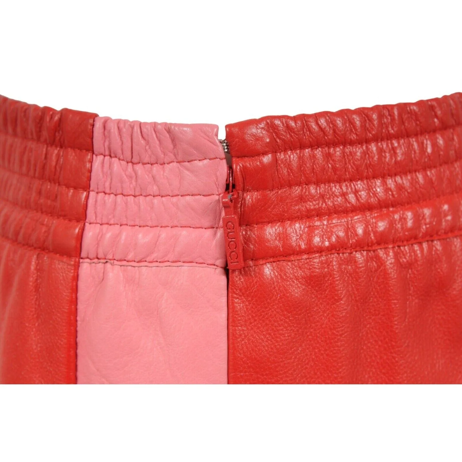 Red Pink Leather Midi Side Striped Pencil Skirt