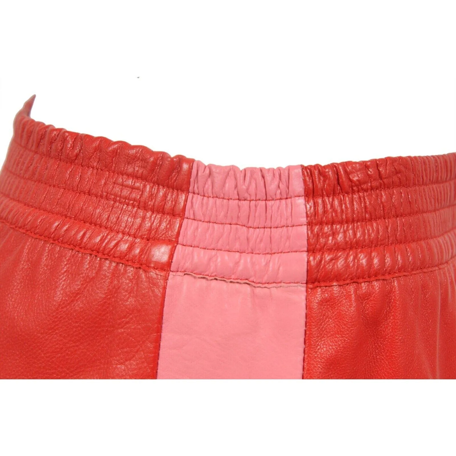 Red Pink Leather Midi Side Striped Pencil Skirt