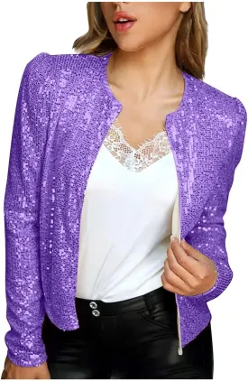 Ruziyoog Women's Sequin Jacket Casual Long Sleeve Bomber Jackets Blazer Open Front Lightweight Cardigan for Party Evening