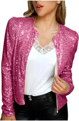 Ruziyoog Women's Sequin Jacket Casual Long Sleeve Bomber Jackets Blazer Open Front Lightweight Cardigan for Party Evening