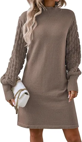 Sovoyontee Women's 2024 Fall Long Sleeve Mock Neck Sweater Dress Casual Loose Ribbed Knit Mini Short Pullover Dresses