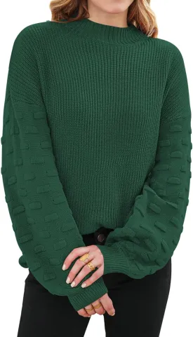 Sovoyontee Women's 2024 Fall Oversized Crewneck Long Puff Sleeve Chunky Knit Pullover Sweater Tops