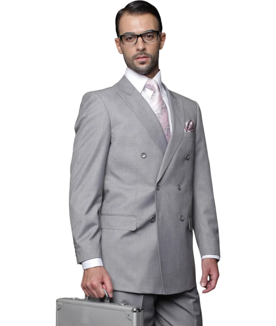 Statement grey men's suit double breasted classic fit 100% wool