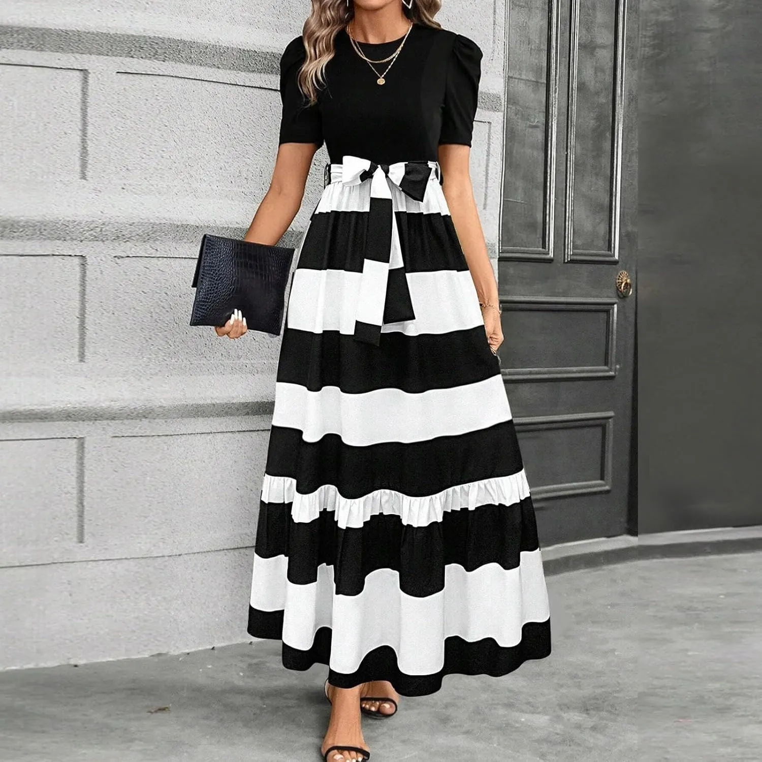 Summer Dresses for Women Elegant Boho Tie Belted Patchwork Empire Waist Short Sleeve Modest Flowy Maxi Long Dress