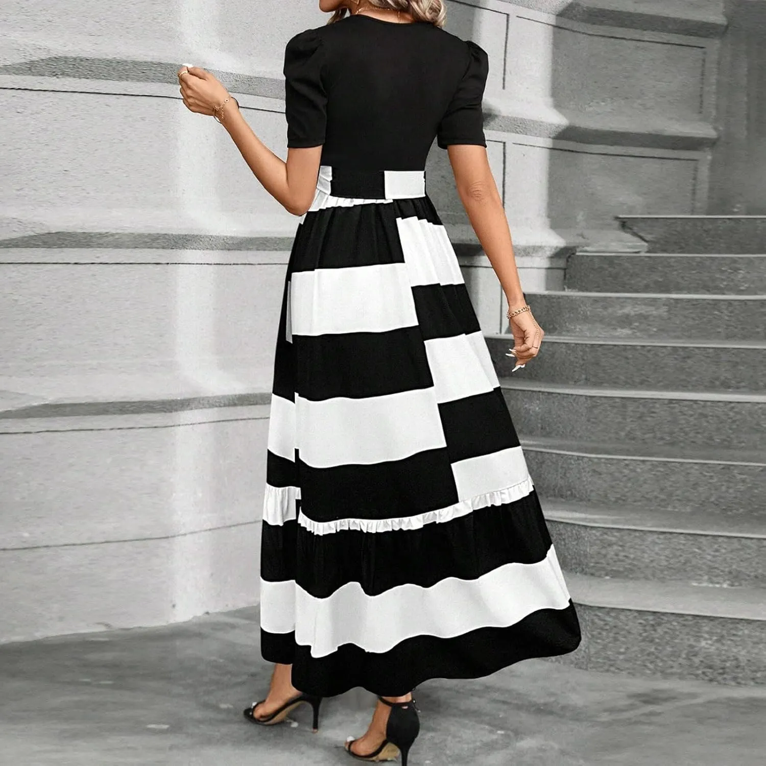 Summer Dresses for Women Elegant Boho Tie Belted Patchwork Empire Waist Short Sleeve Modest Flowy Maxi Long Dress