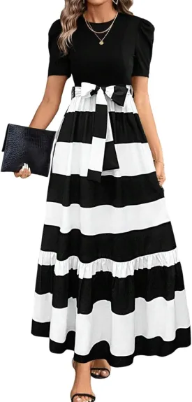 Summer Dresses for Women Elegant Boho Tie Belted Patchwork Empire Waist Short Sleeve Modest Flowy Maxi Long Dress