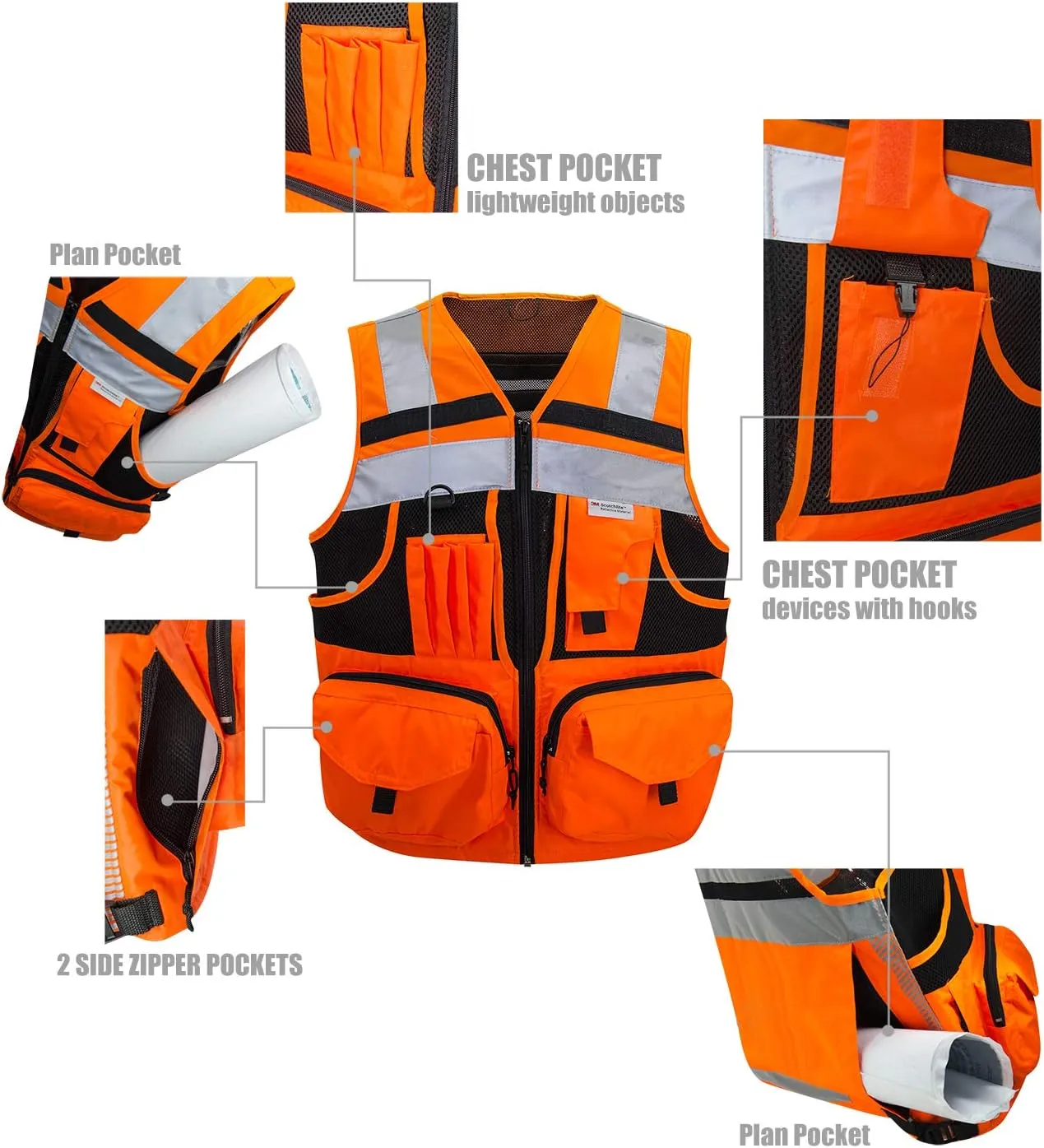 SUXIBIP 10 Pockets Safety Vest for Men and Women, High Visibility vest with 3M Reflective Strips, Oxford Fabric