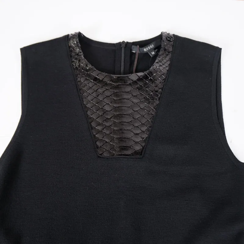 SZ M NEW $2100 GUCCI Black 100% WOOL KNIT PYTHON Snakeskin Trim FITTED DRESS NWT