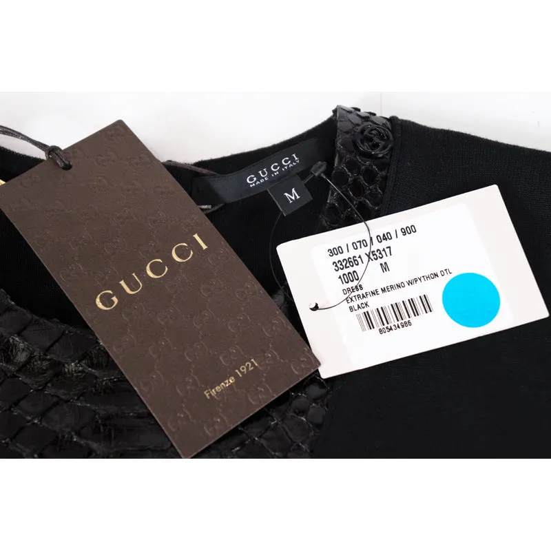SZ M NEW $2100 GUCCI Black 100% WOOL KNIT PYTHON Snakeskin Trim FITTED DRESS NWT