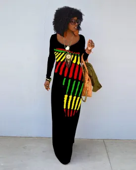 Three-Color Map Print Crew Neck Long Sleeve Dress