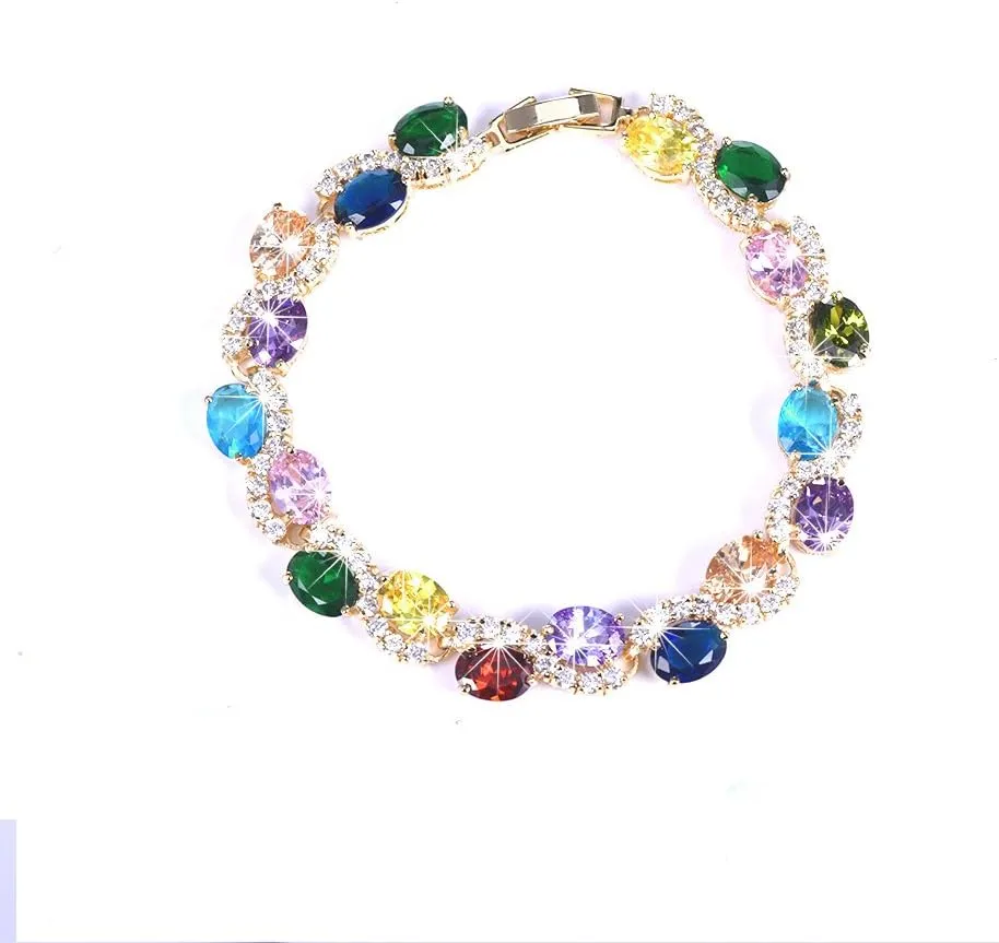 U7 Green Emerald/Blue/Red/Colorful Tennis Bracelets, 18K Gold Plated Platinum Link Chain Diamond Cut Simulated Gem Crystal Bracelet,Resizable Length 6-8 Inches,Wedding Mothers Day Gift for Women
