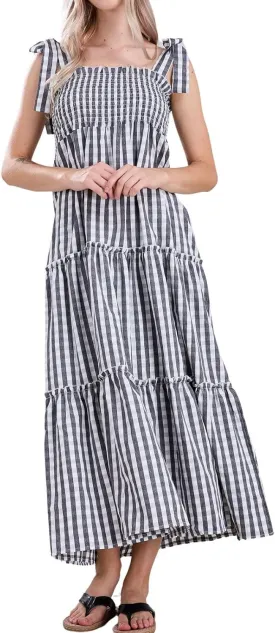 utcoco Women's 2025 Summer Boho Plaid Smocked Dress Spaghetti Strap Square Neck A Line Tiered Long Maxi Dress