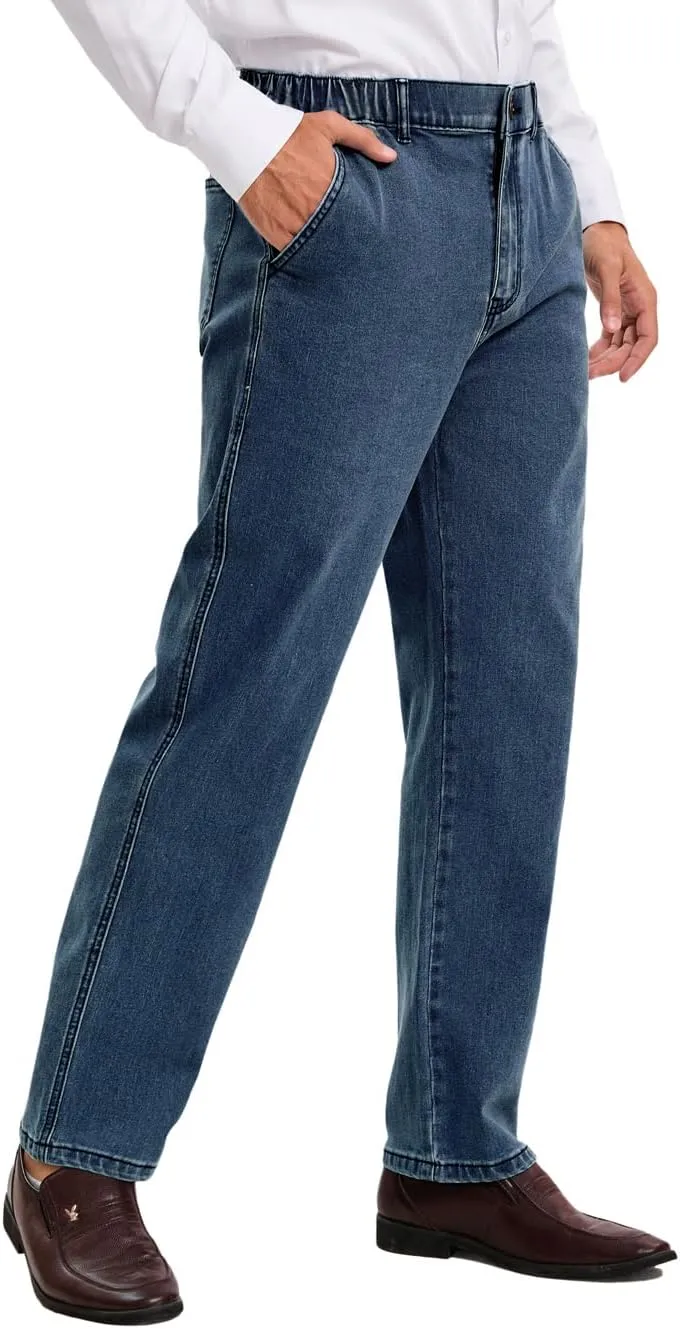 voeeron Mens Elastic Waist Jeans Relaxed Fit Men's Jeans with Elastic Waist with Zipper and Button