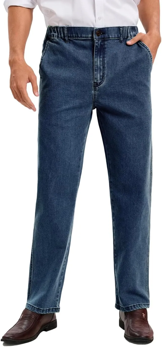 voeeron Mens Elastic Waist Jeans Relaxed Fit Men's Jeans with Elastic Waist with Zipper and Button
