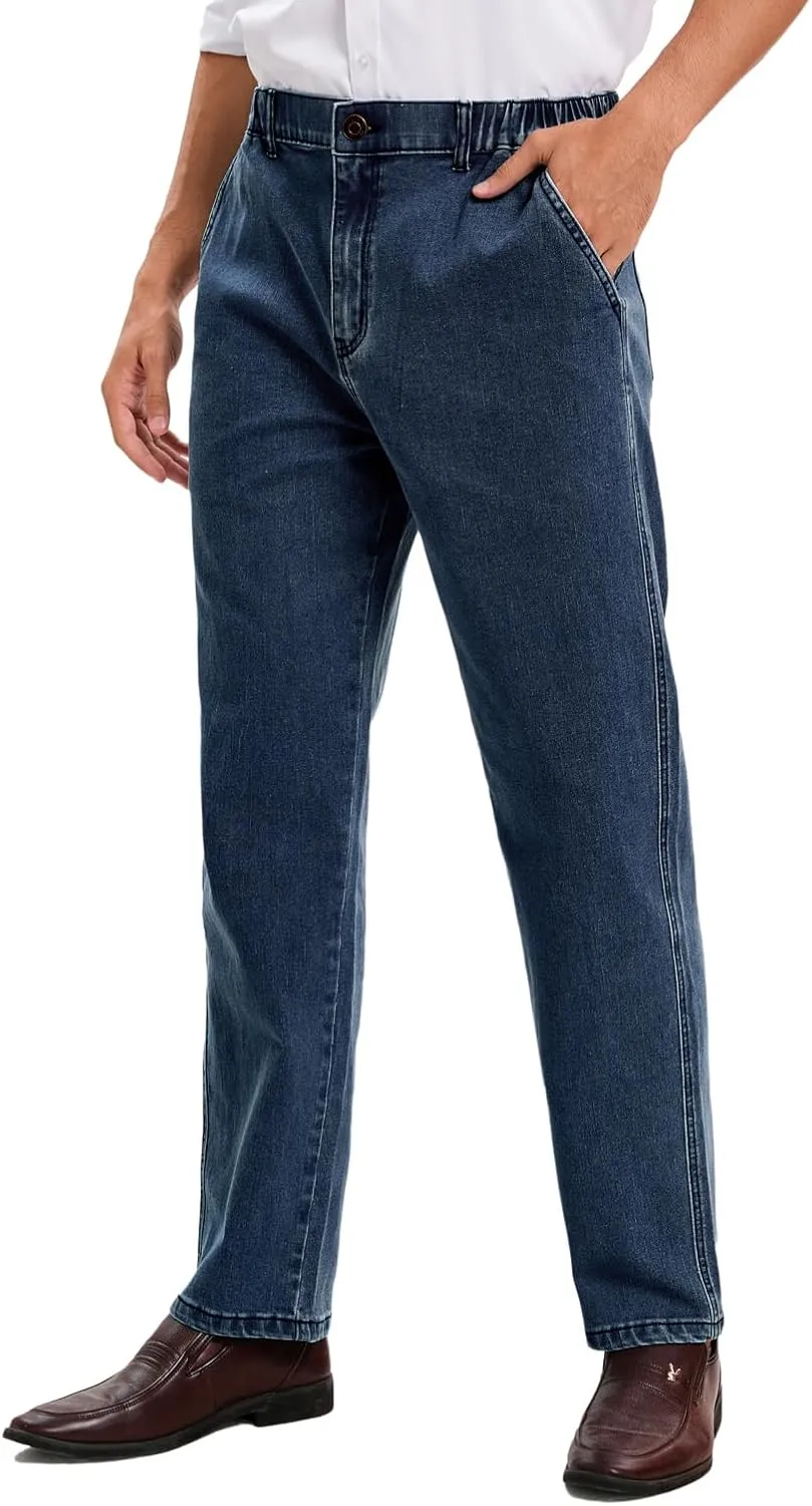voeeron Mens Elastic Waist Jeans Relaxed Fit Men's Jeans with Elastic Waist with Zipper and Button