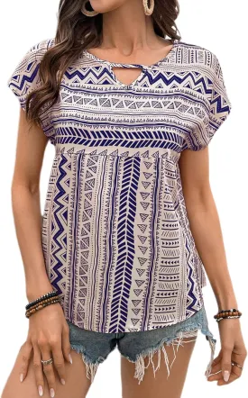 Womens Boho Geometric Pattern Tshirts Summer Cute Crew Neck Ruffle Cap Sleeve Top Casual Loose Fashion Tee Blouses