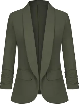 Women's Casual Open Front Blazers Shawl Lapel Ruched 3/4 Sleeve Office Lightweight Blazer Jackets with Pockets