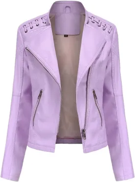 Women's Faux Leather Motorcycle Jacket Casual Fashion Lapel Zip Up Solid Color PU Cropped Biker Coat with Pockets