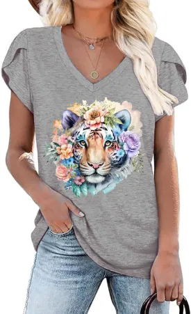 Womens Flamingo Print Tops Summer Sexy V Neck Petal Sleeve Casual Tee Tshirts S-3XL