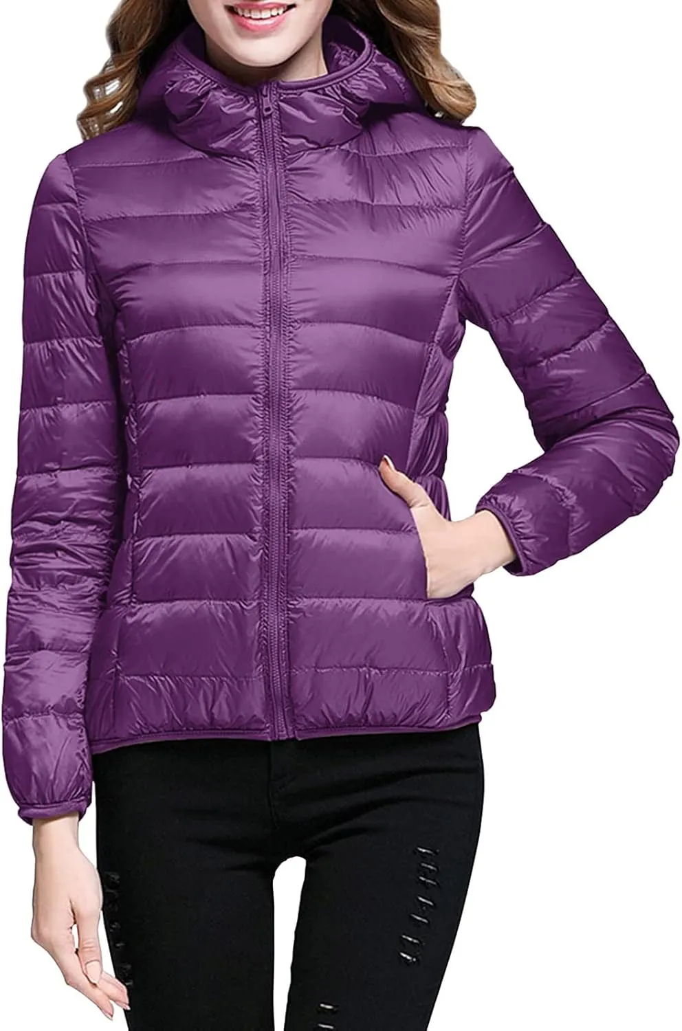 Womens Lightweight Puffer Jacket with Hood 2023 Fashion Winter Coats with Pockets Zipper Quilted Packable Down