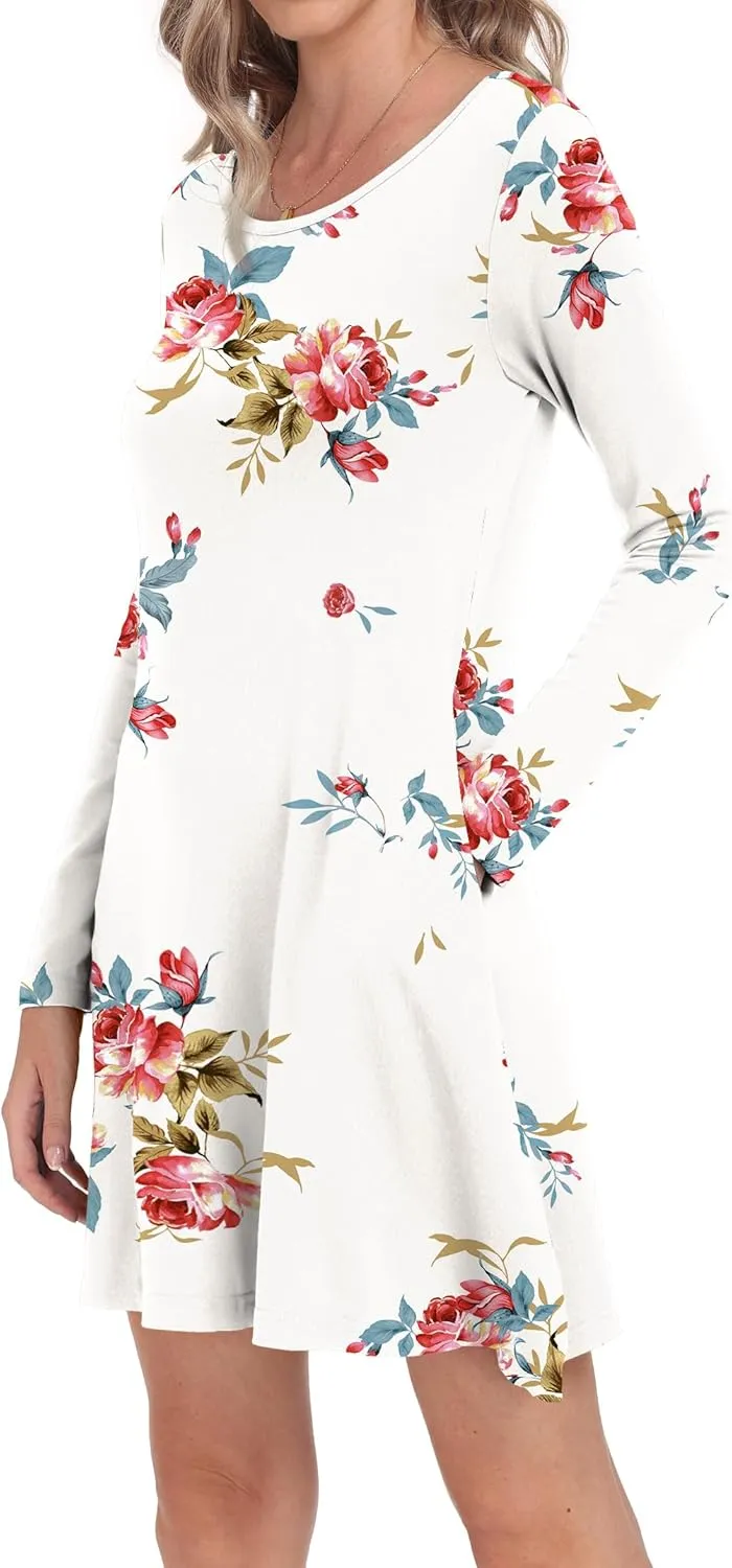 Women's Long Sleeve Pockets Casual Loose T-Shirt Dresses