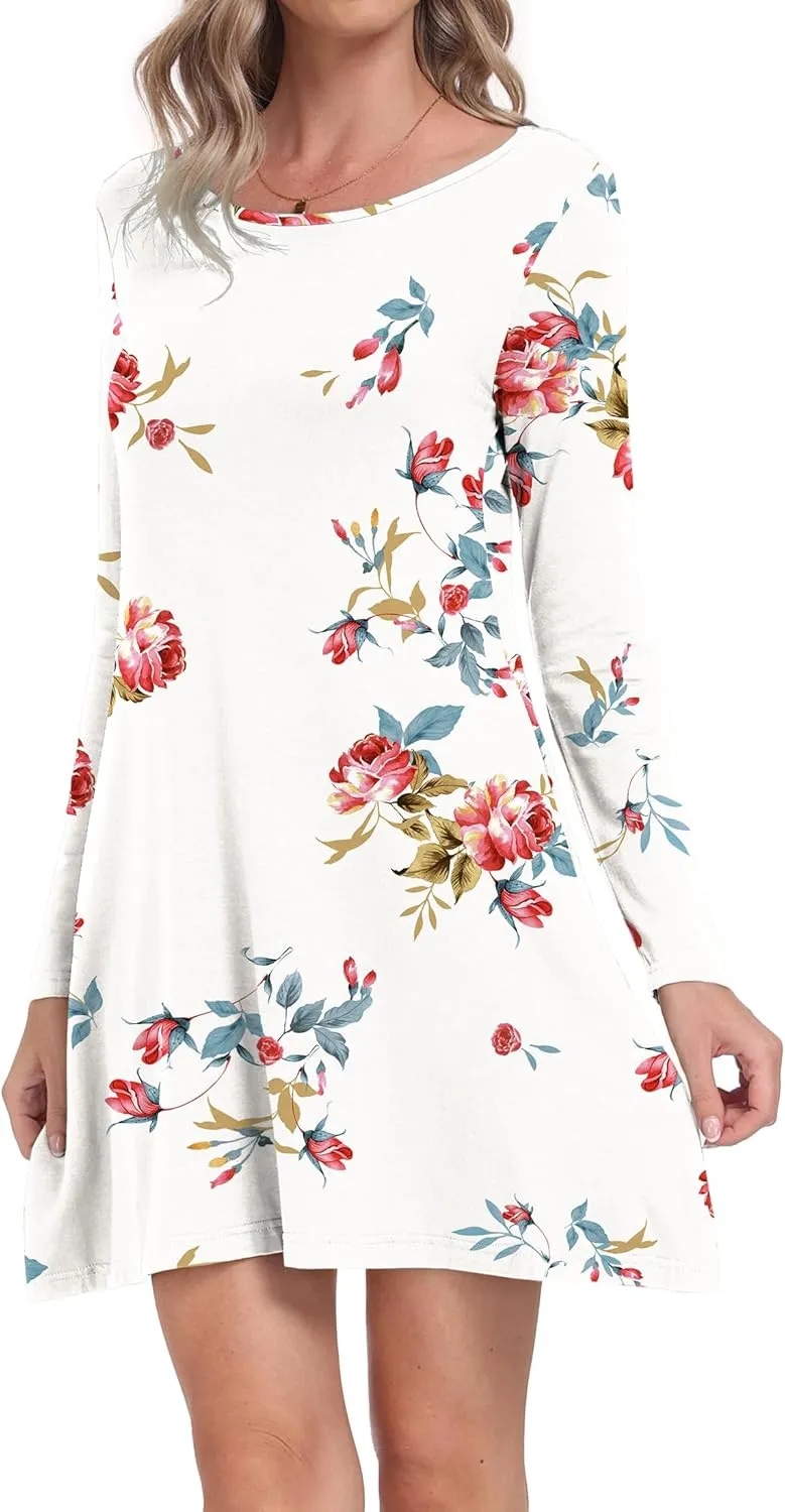 Women's Long Sleeve Pockets Casual Loose T-Shirt Dresses
