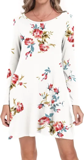 Women's Long Sleeve Pockets Casual Loose T-Shirt Dresses