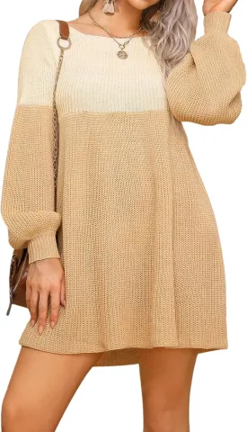 Womens Oversized Color Block Boat Neck Long Sleeve Sweater Dress Casual Ruffles Hem Sweater Spring 2025