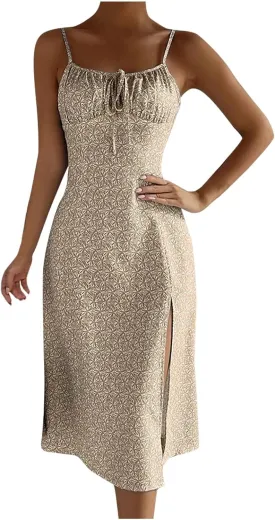 Women's Spaghetti Strap Bodycon Dress Sleeveless Ribbed Knit Slim Fit Side Slit Midi Dresses Summer Sexy Casual Dress